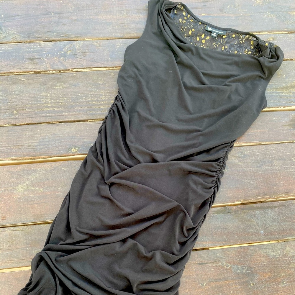 Black ruched cocktail dress. Black and gold lace.